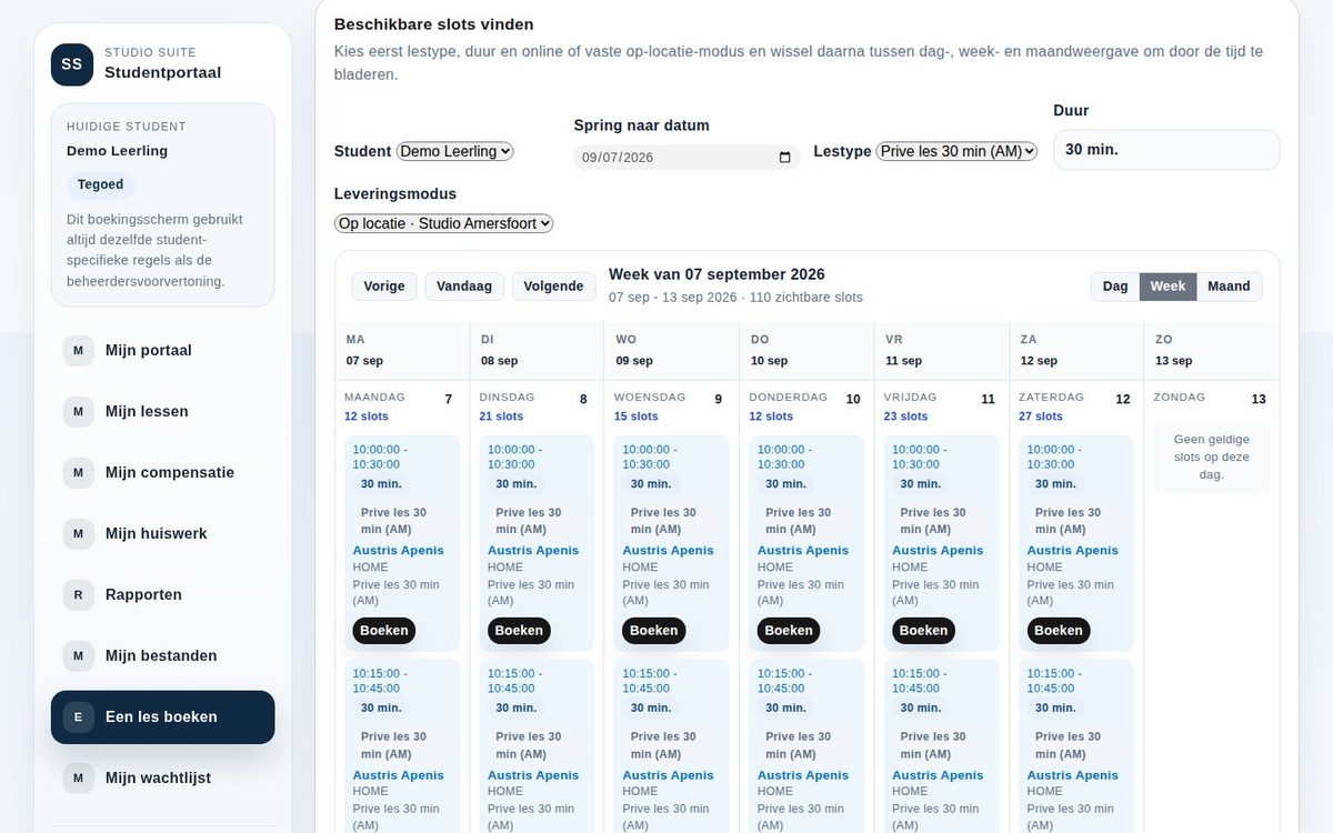 Studio Suite: Booking calendar in the student portal: a week of free slots, booked with lesson minutes