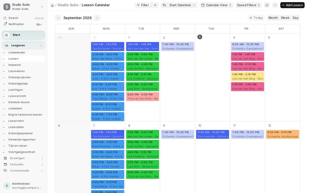 Studio Suite: Lesson calendar, every location in its own colour
