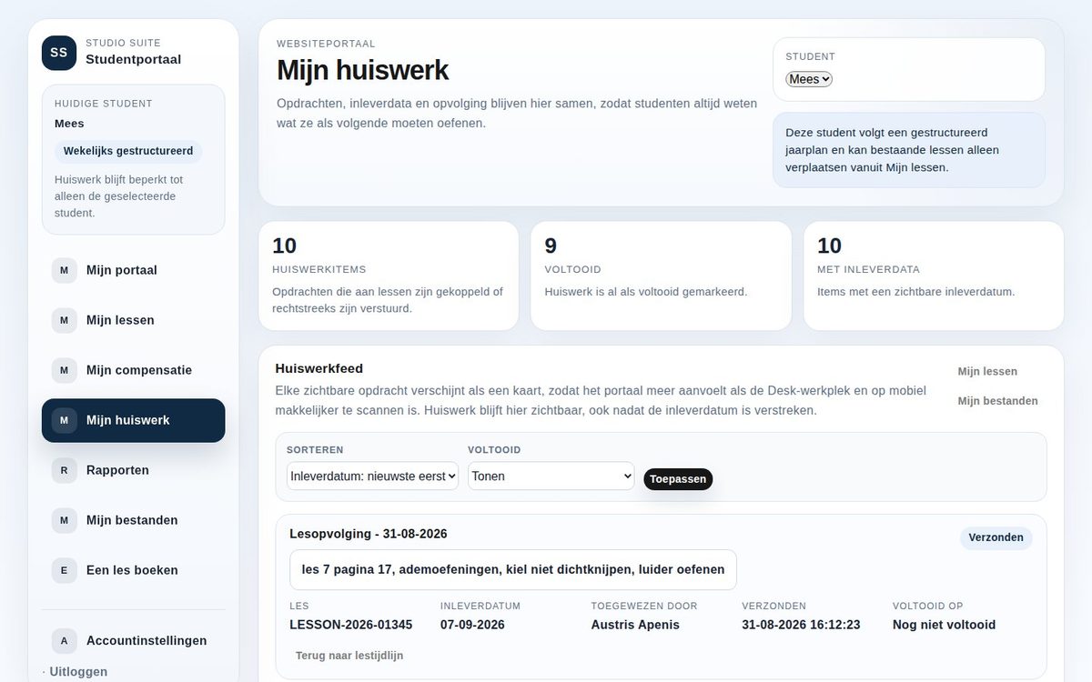 Studio Suite: Homework feed for the student
