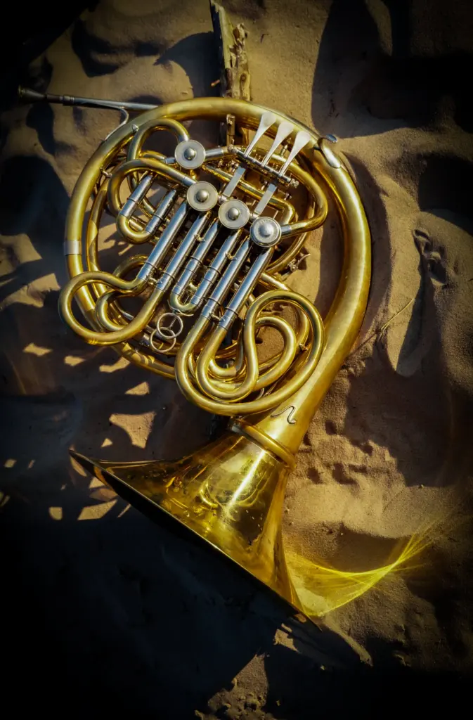 Austris Apenis's French horn lying in the sand